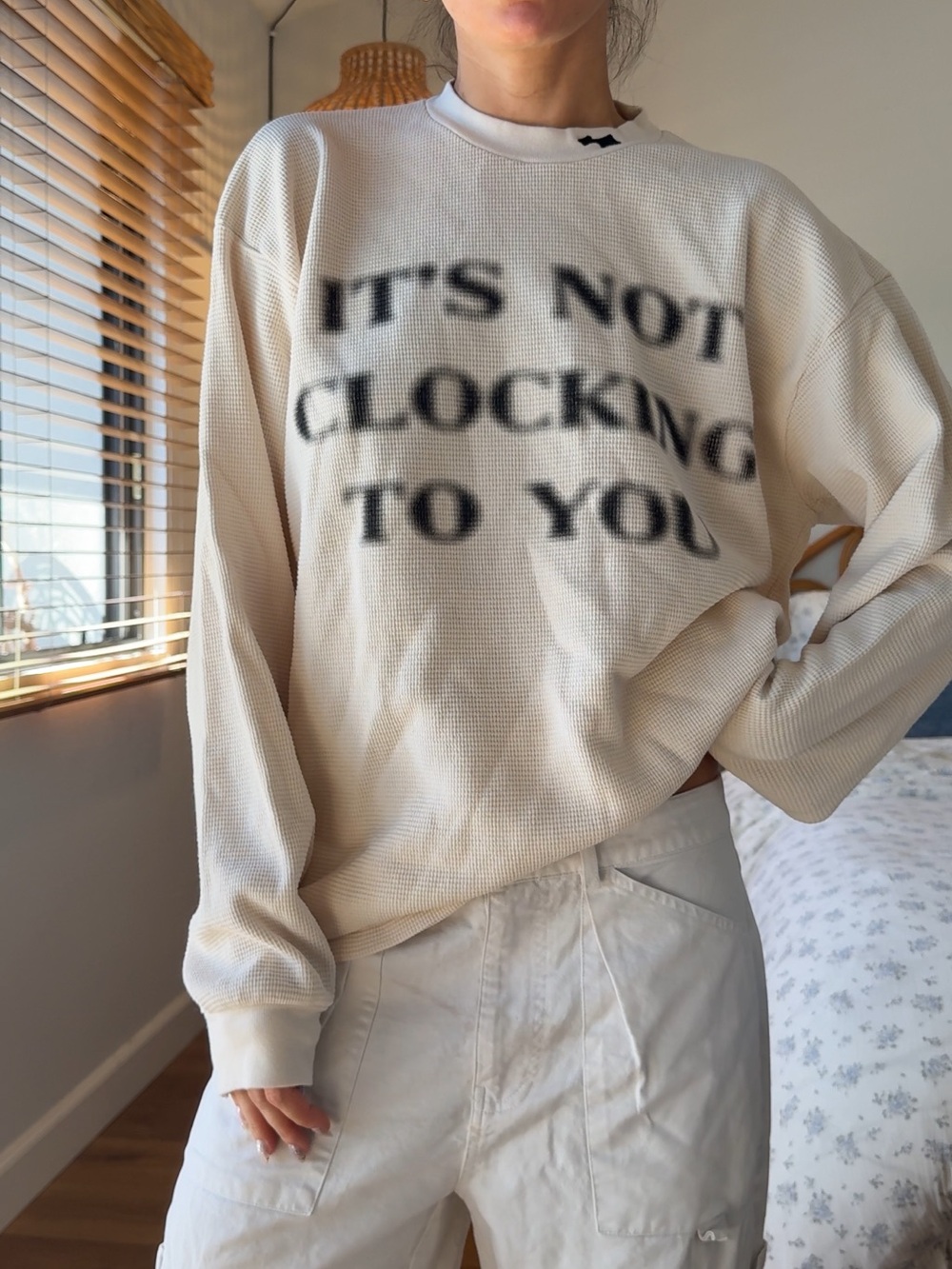 SKYLRK “It’s not clocking to you” Long-Sleeve Waffle Knit Top